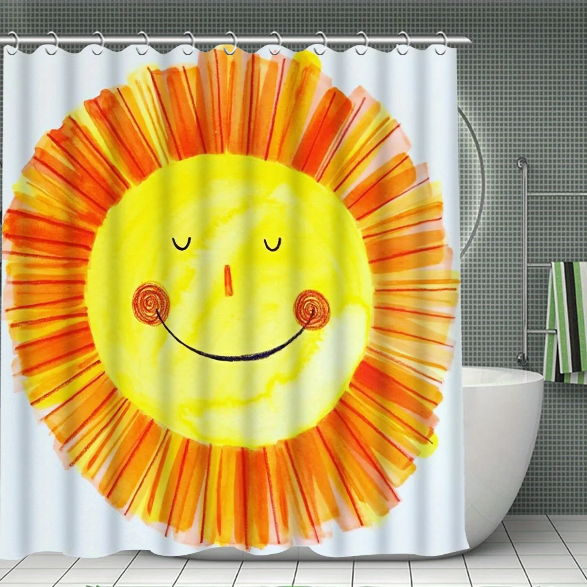 Sunshine 4pcs Shower Curtain Set with 12 Hooks - Shower Curtain, Non-Slip Bath Mat, Toilet Seat Cover And U-Shaped Rug - Mac