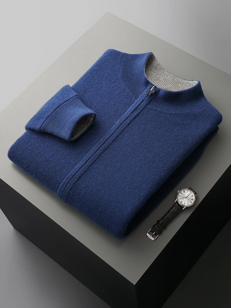 Autumn Winter Men Wool Sweater Cardigans Reversible Mock Neck Long Sleeve Thick Cashmere 100% Merino Wool Knitwear Clothing Tops