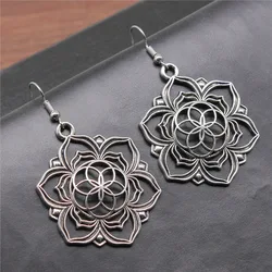 Fashion Handmade Antique Silver Color Flower Of Life Pendant Earrings Women Vintage Drop Earrings