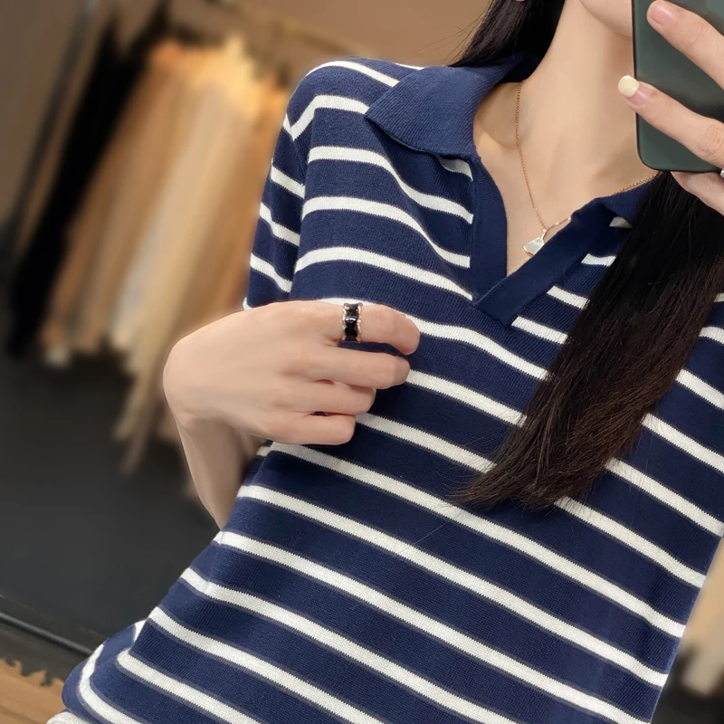 Women\'s new summer lapel T-shirt 100% cotton short-sleeved women\'s T-shirt striped summer knitting loose fashion top T-shirt