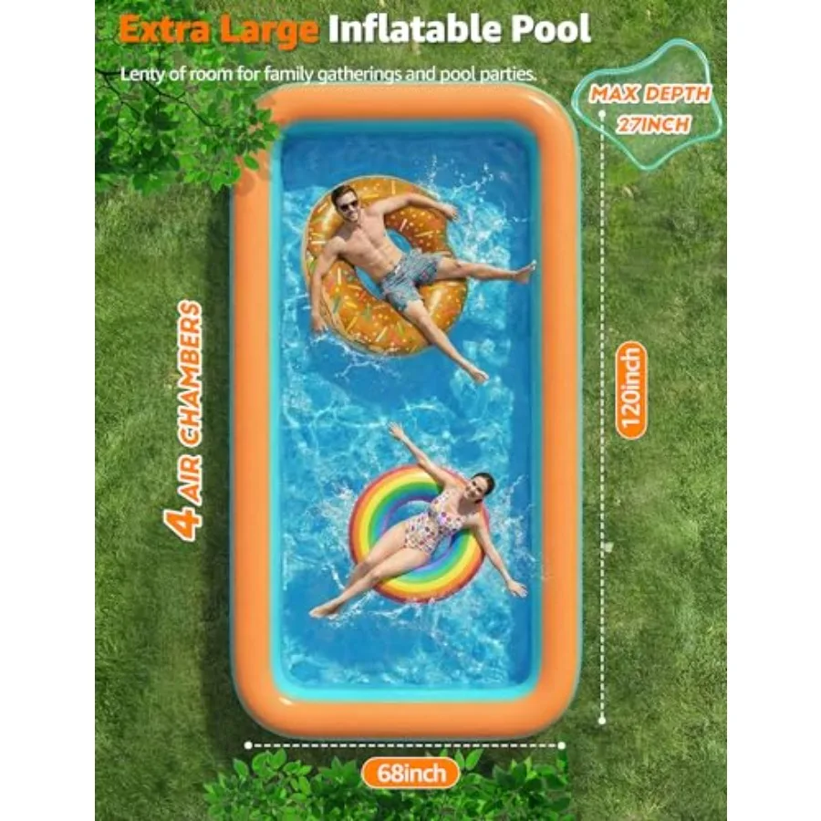 Backyard summer inflatable pool for kids family pets: 120 4-layer thickened 0.32mm heavy-duty orange PVC stronger more durable