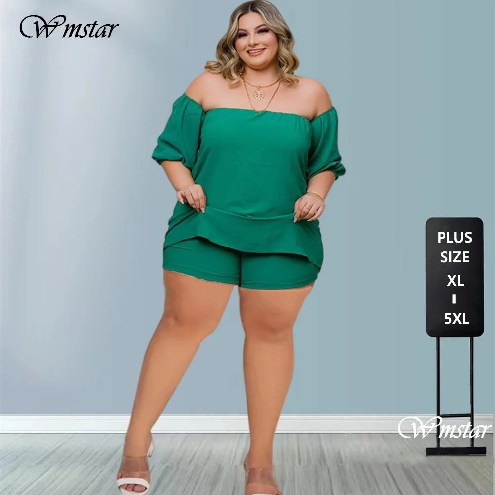 Wmstar Plus Size Women Clothing Shorts Sets Two Piece Solid Off Shoulder Crop Top and Pants Matching Suit Wholesale Dropshipping