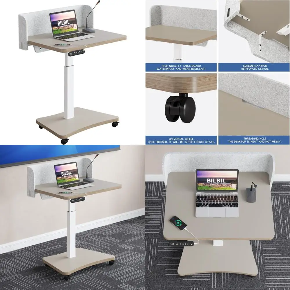 

electric height-adjustable desk with 4 memory positions, locking wheels, ergonomic sit-stand design