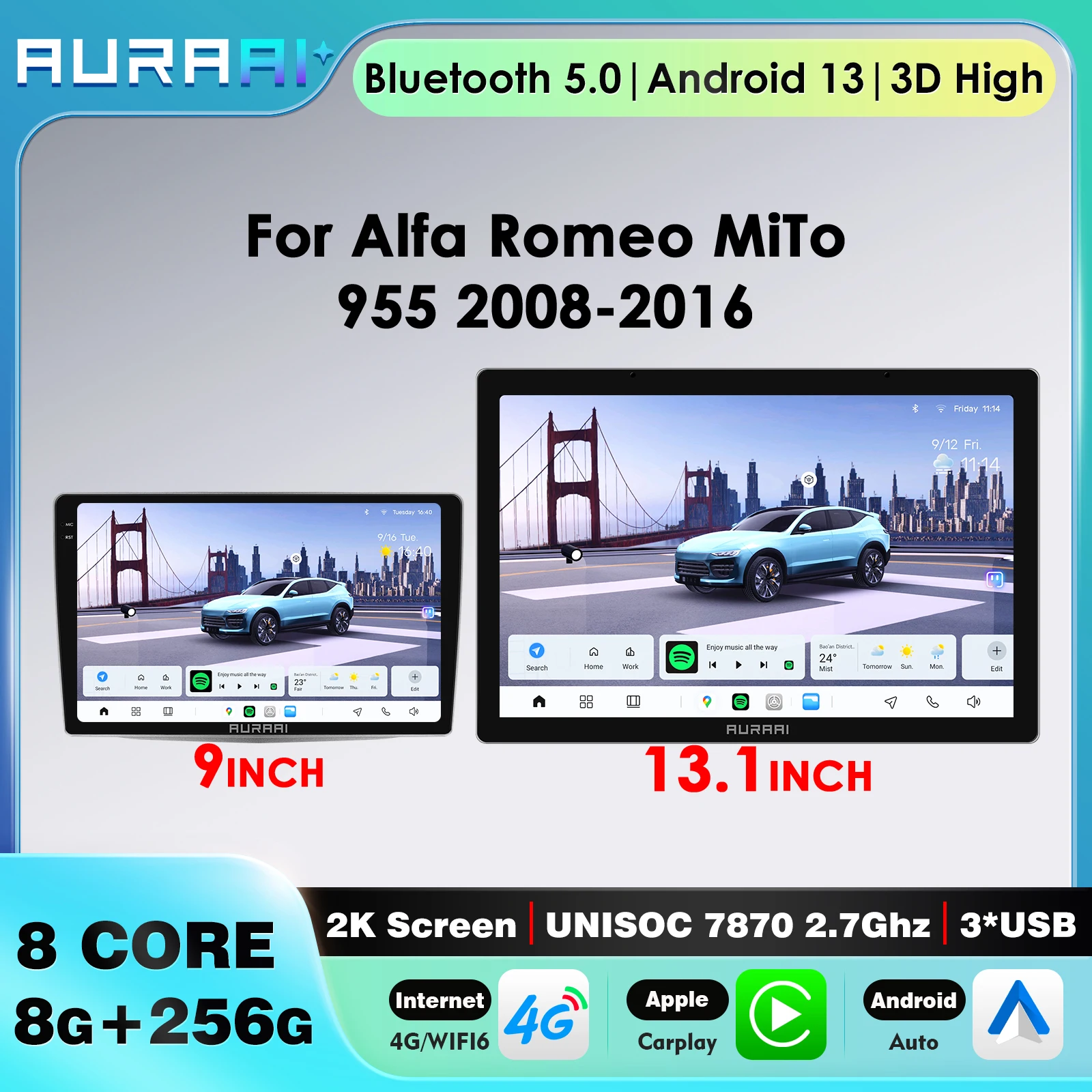 

8G+256G With 3D AI Intelligent Screen Car Radio Carplay for Alfa Romeo MiTo 955 2008-2016 Android Auto Multimedia Player OBD GPS