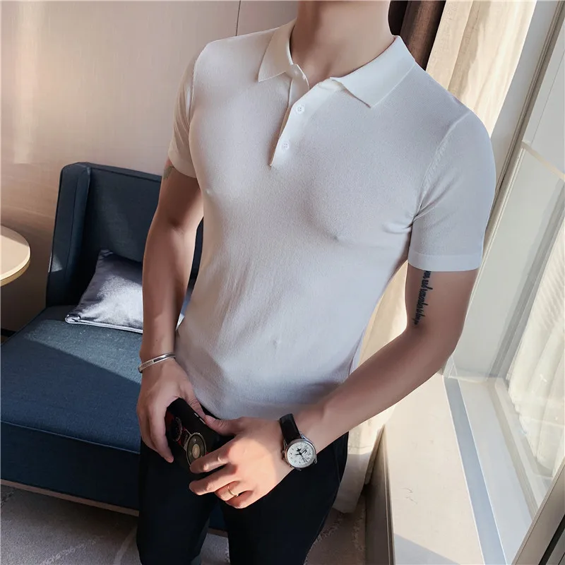 British Style Summer Knitted Polo Shirt Solid Color Slim Fit Stretch Short Sleeve T-shirt Men Business Social Polos Streetwear