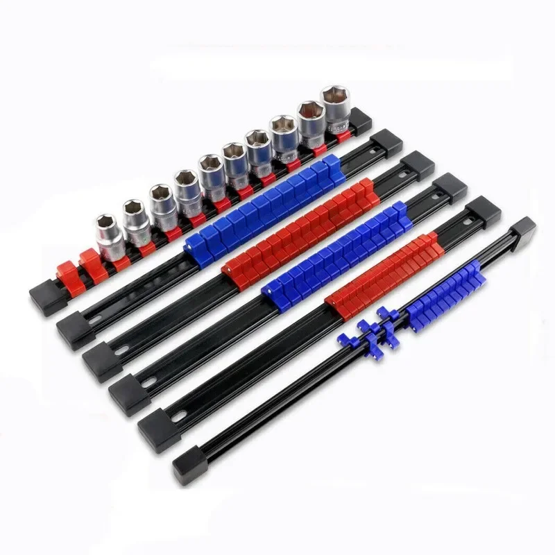 3 PCS Socket Organizer 1/2 3/8 1/4 inch Drive Socket Rail Holders Heavy Duty Socket Racks, Black Rails with Red Blue Black Clips