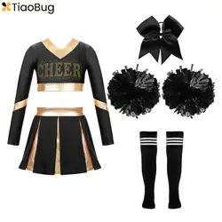 Kids Girls Cheerleader Costume Halloween Cheerleading Uniform Gymnastic Dance Crop Top with Skirt Pom Poms Stocking Hair Tie