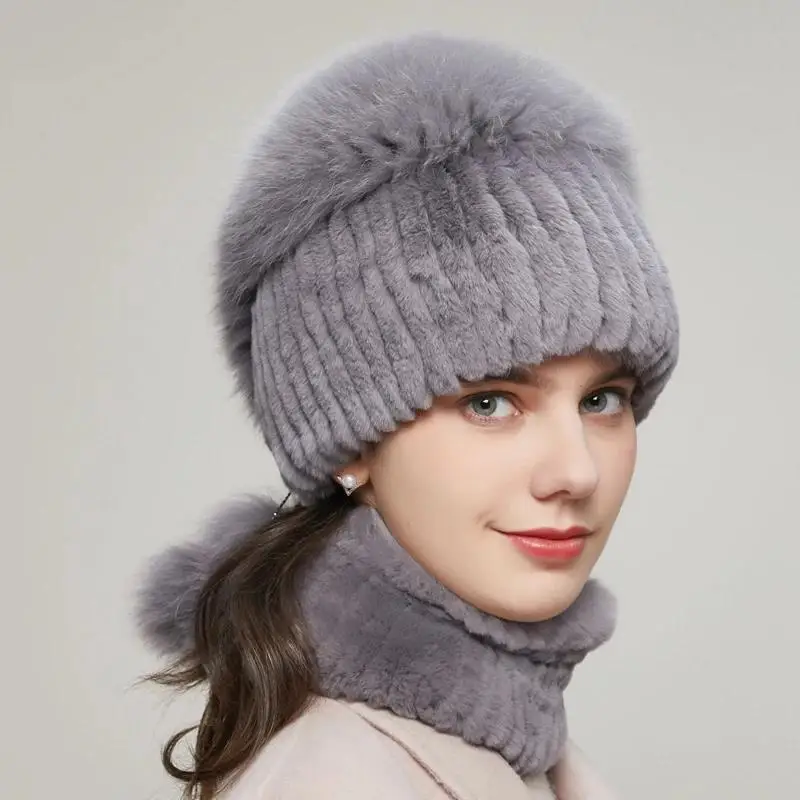 Winter Women's Rabbit Fur Hat Natural Fluffy Fox Cap Fashion Warm Knitted Authentic Russian Hot-Selling Style Female Cap 20HY-12