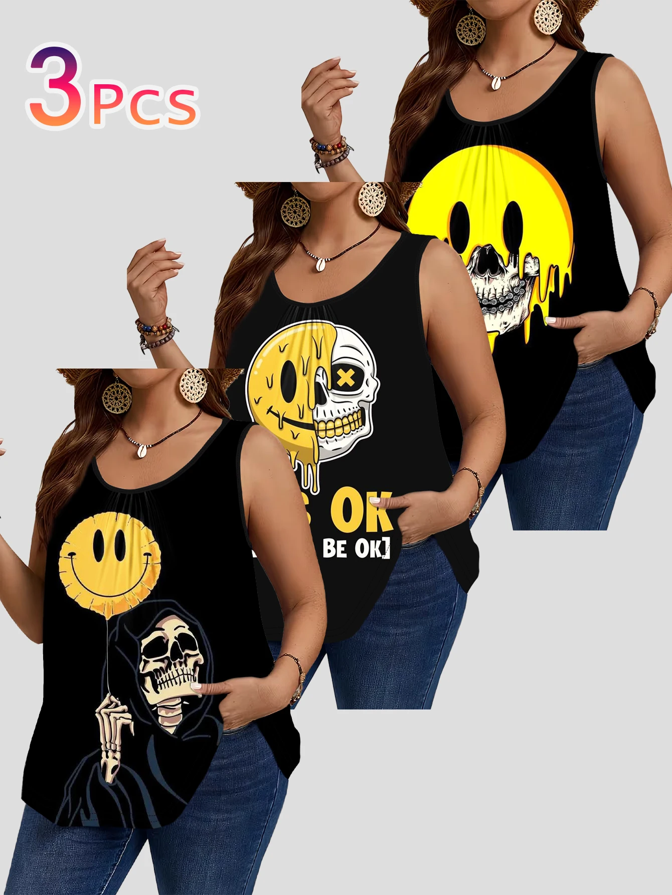 3-Piece Set of Plus-Size Sleeveless Vests｜Dark and Quirky Melting Smiley Face Skull and Death Print Loose Fit Round Neck Casual Outerwear Top