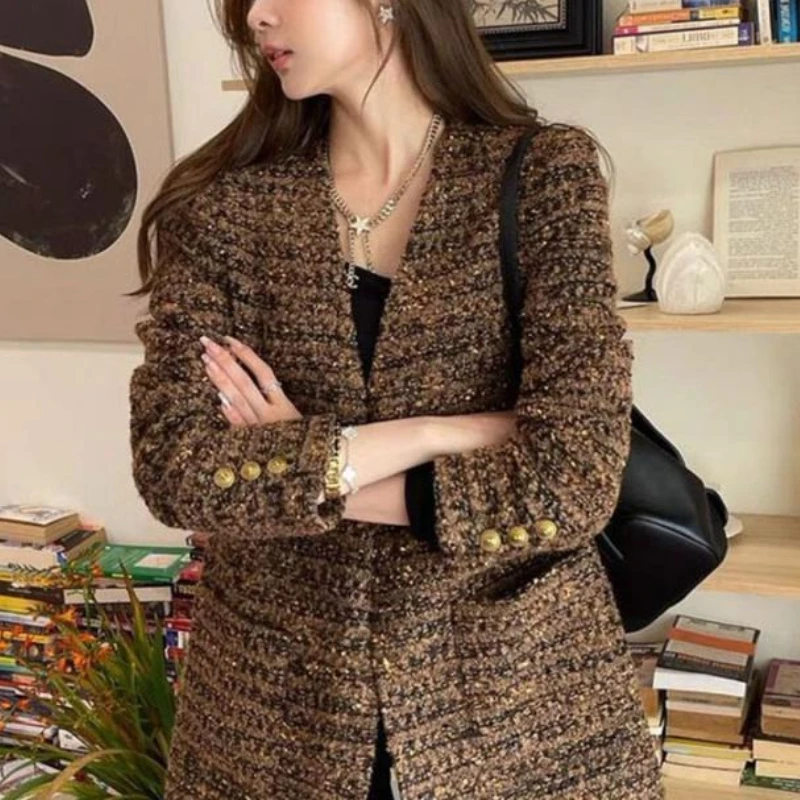 

Modigirl женский французский шикарный блестящий твидовый пиджак свободное пальто осень-зима элегантный офисный повседневный женский верхняя одежда с золотыми пуговицами