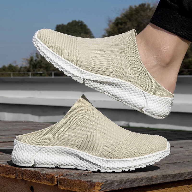 Zapatos informales de punto de verano para hombre, zapatillas de media pantufla, cómodas y transpirables, mocasines sin cordones para hombre, zapatillas antideslizantes para exteriores