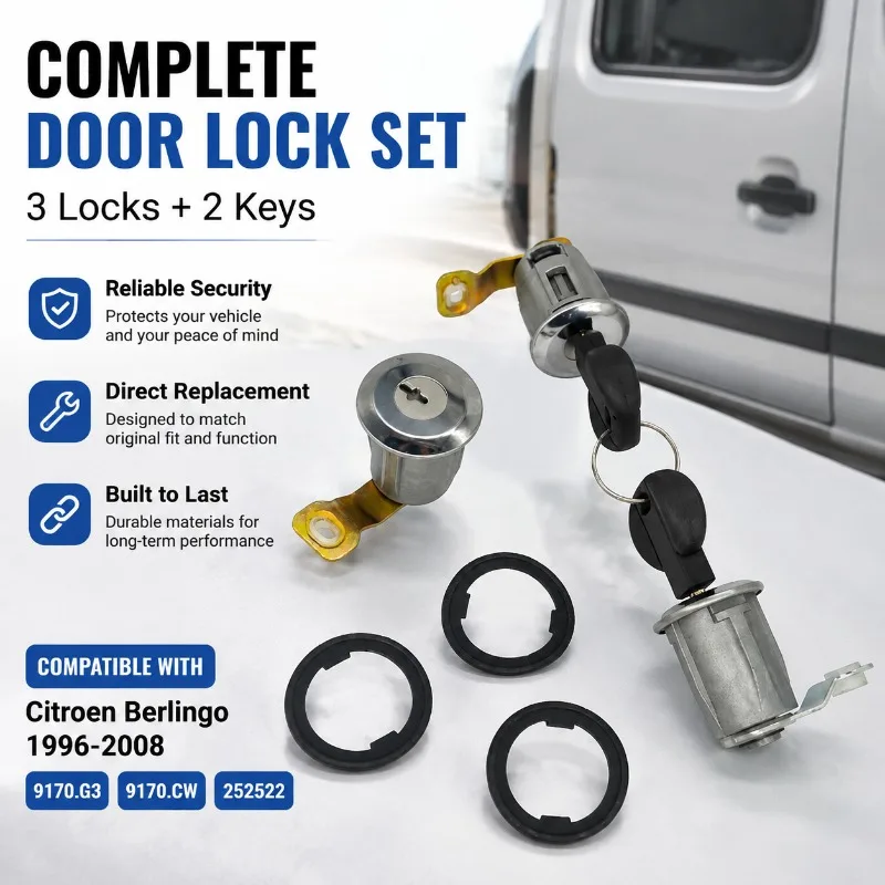 Door Lock Set 3 Locks 2 Keys Compatible with Citroen Berlingo 1996-2008 9170.G3 9170.CW 252522