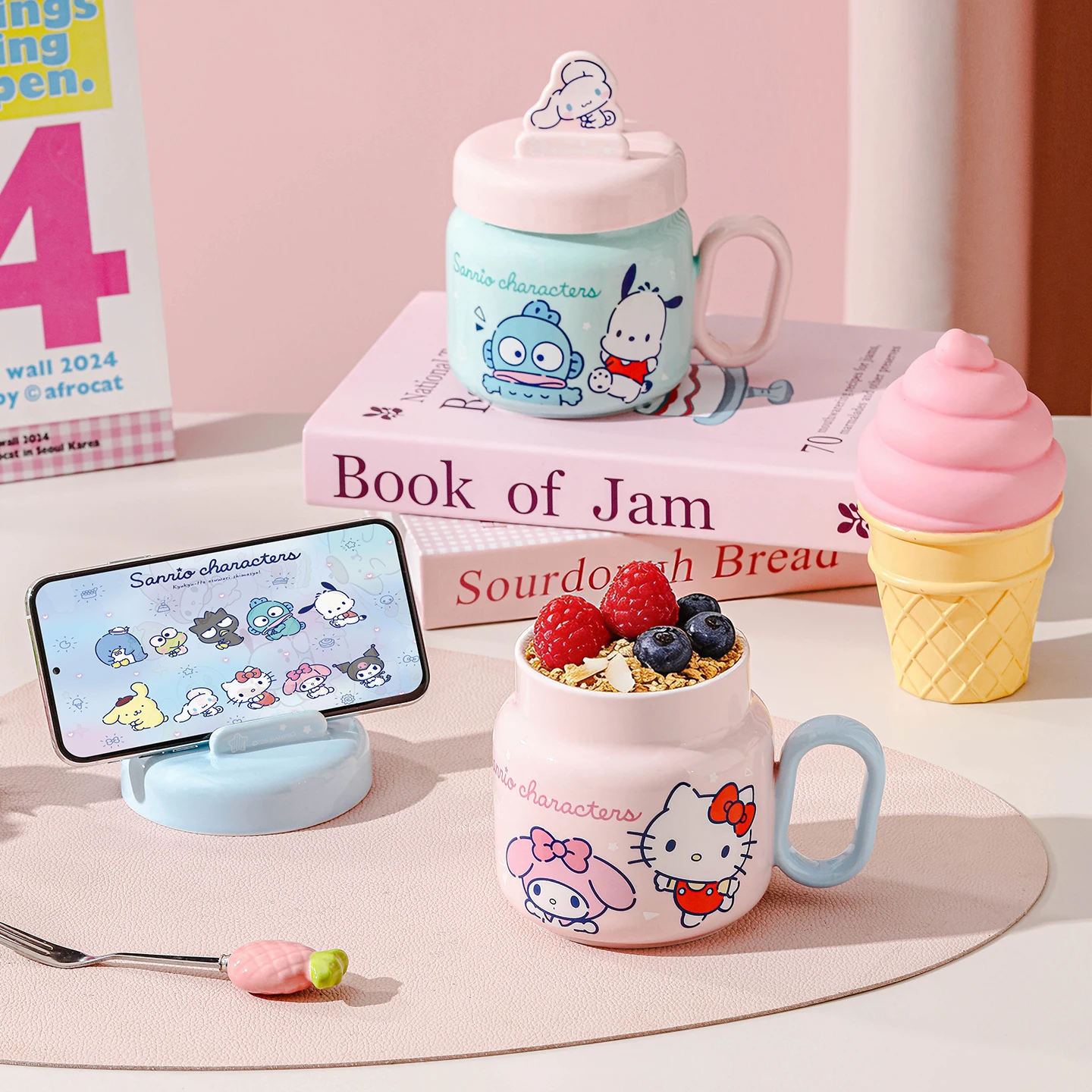 450Ml Box Set Sanrio Cartoon Hello Kitty My Melody Cinnamoroll Kuromi Ceramic Mug Cover  Milk Cup  Kit Birthday Creative gift