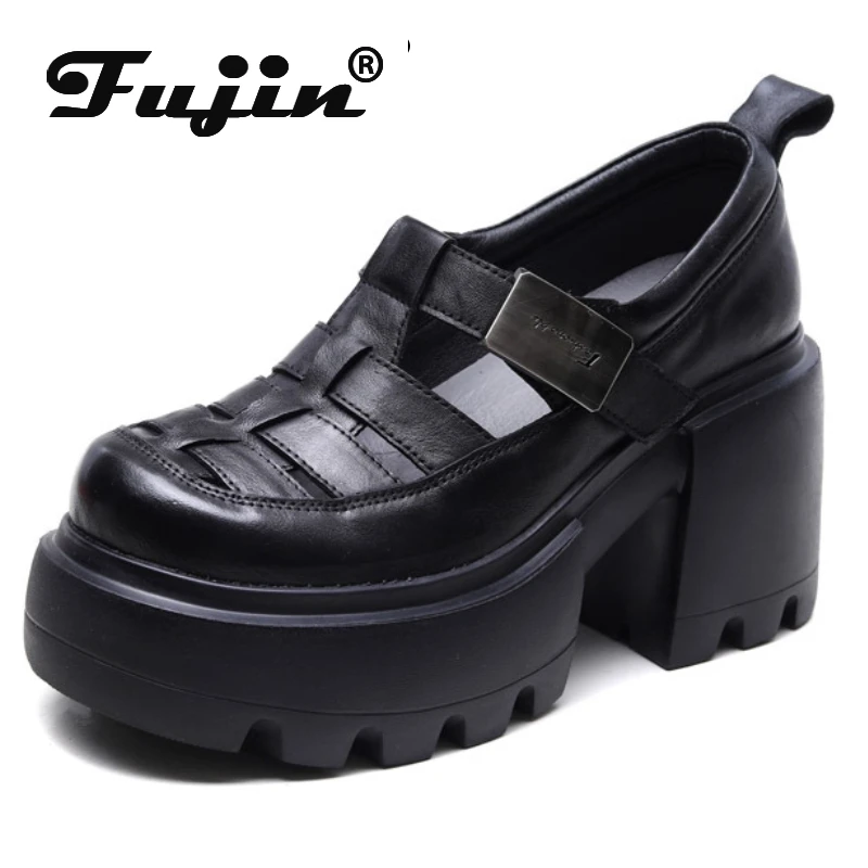 

Fujin 9cm Round Summer Sandals Fashion Mary Jane Platform Wedge Women Shoes New Weave Genuine Leather Hook Summer Ankle Booties