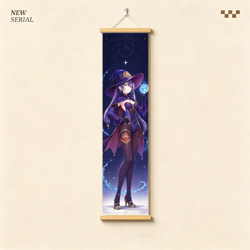 Hanging Scroll Wall Art of Genshin Impact Mona with Blue Celestial Magic on Silver Shimmer Canvas for an Anime Bedroom