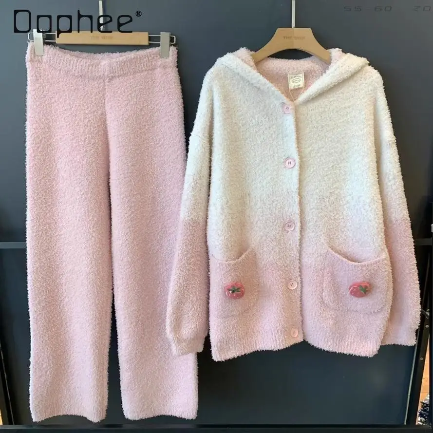 

Pink Gradient 3d Strawberry Pajama Sets Cute Rabbit Hooded Single Breast Cardigan Winter Warm Soft Girls Homewear Sweet