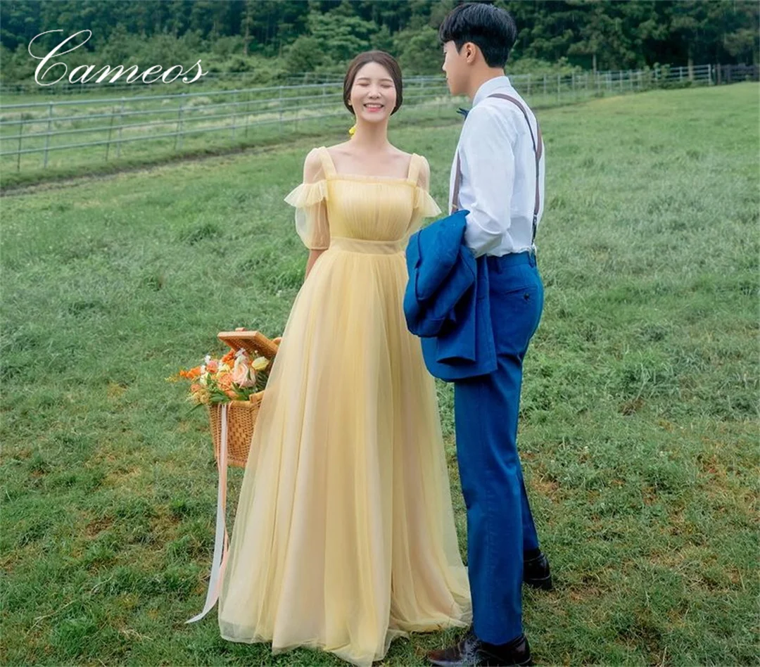 

SONDR Korean Regular Strap Evening Dress Custom Made Formal Prom Dress 웨딩드레스 A-Line Yellow Tulle Occasion Party Evening Gown