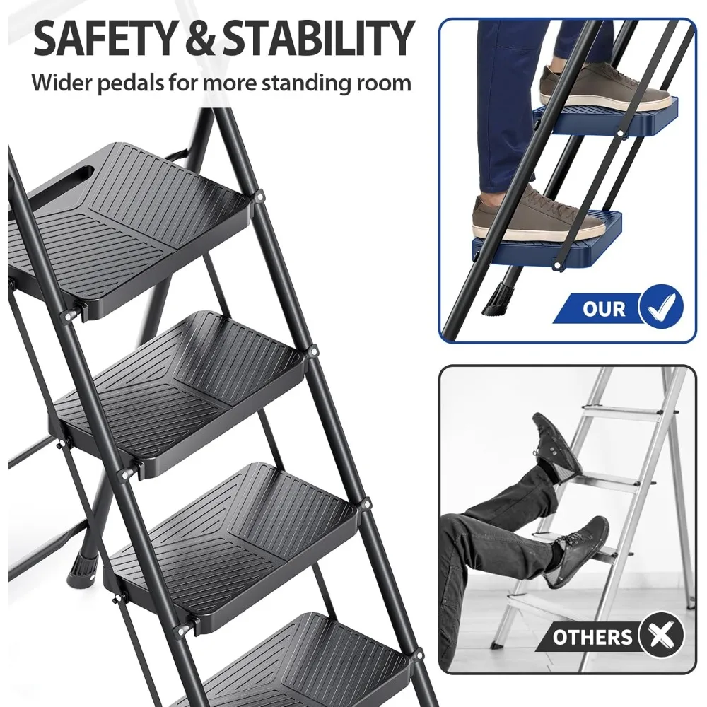 سلم قابل للطي بأربع خطوات، مقعد فولاذي عالي التحمل مع دواسات ودرابزين مضادة للانزلاق، سعة 500 رطل للمطبخ المنزلي #5