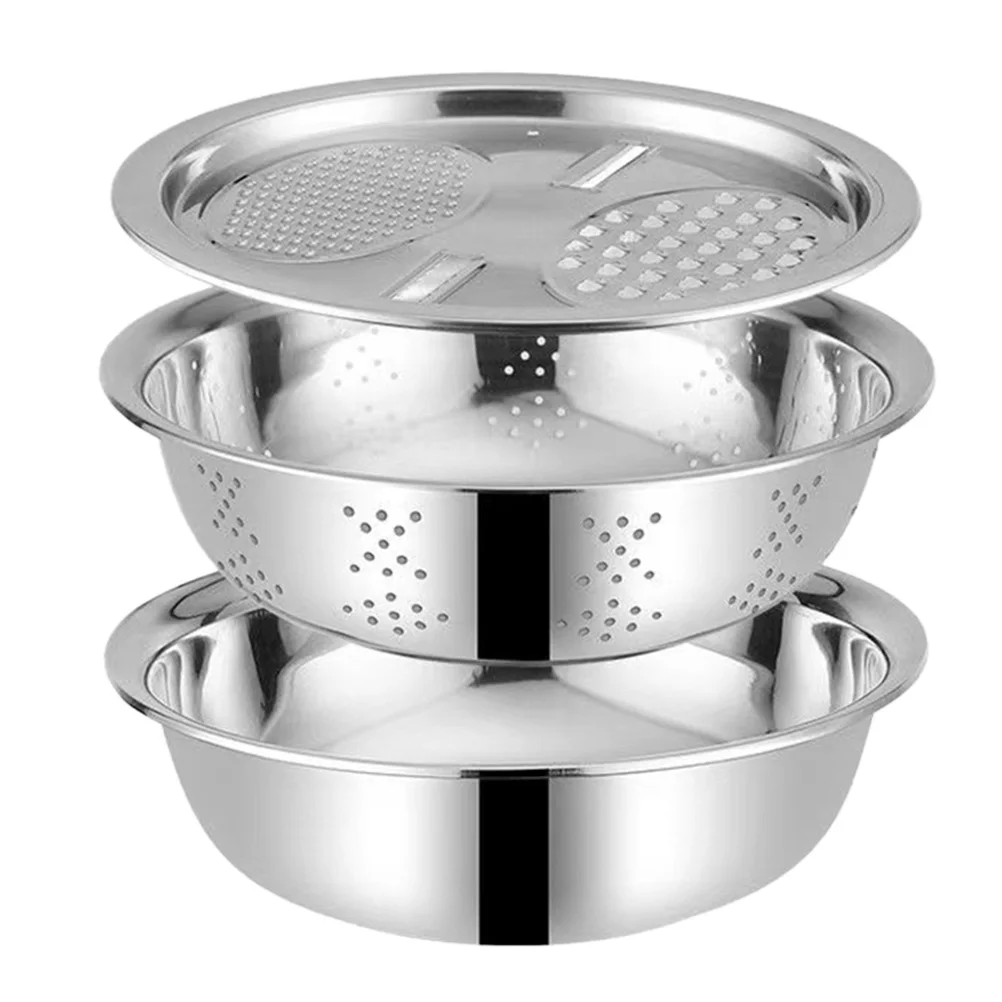 

3pcs Stainless Steel Vegetable Washing Basin Rice Washing Sieve Grater Drain Design Stackable Fruit Strainer Bowl Kitchen