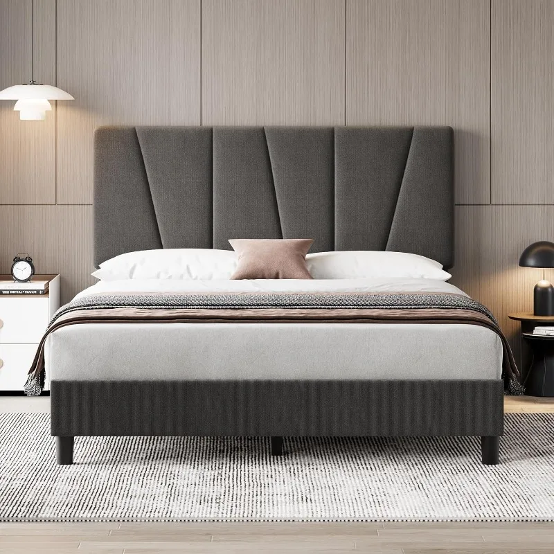 Queen Bed Frame with Headboard, Linen Upholstered Platform Bed with Adjustable Diagonal Channel Tufted Headboard, Mattress