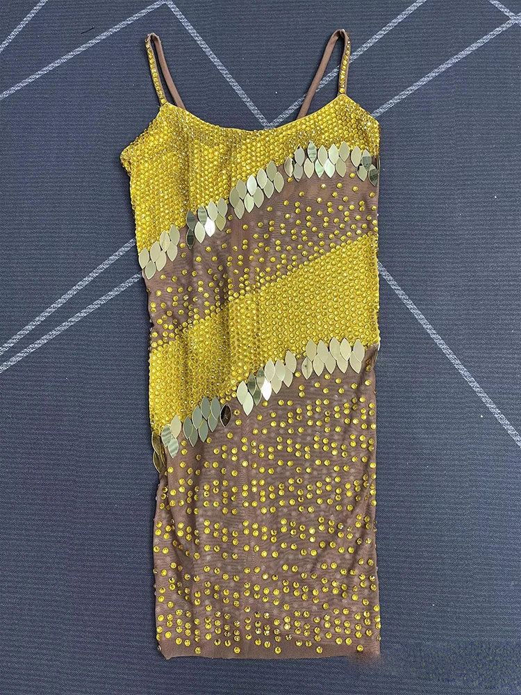 Hoge kwaliteit strass pailletten sexy jarretel kleur geblokkeerde jurk 2025, nieuwe mode aangepaste dameskleding