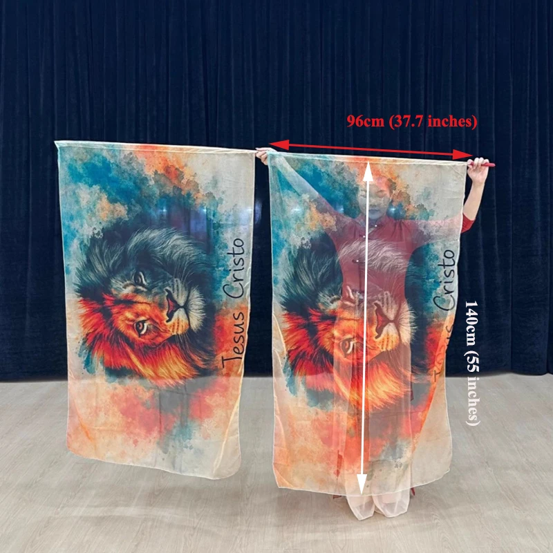 2pcs Lion Flag Praise Dance Worship Flags With Scalable Rods Colorful Chiffon Rectangle Church Banners Performance Stage Props