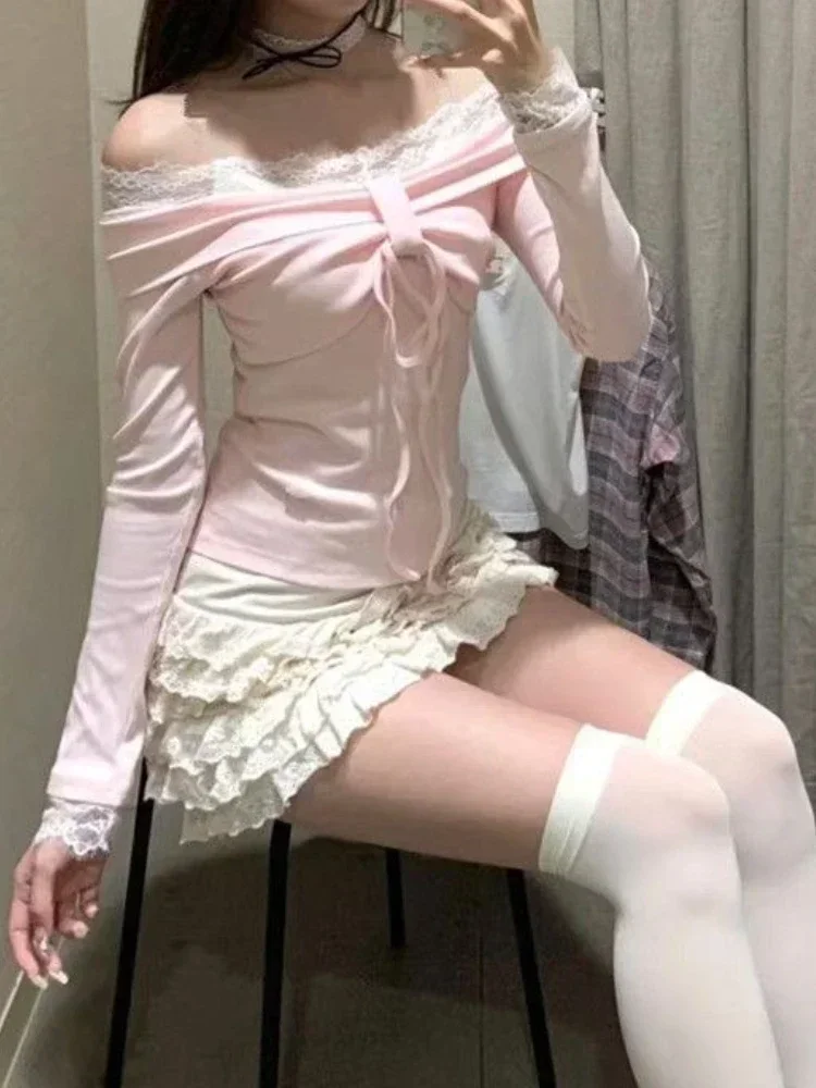 اليابانية الحلو كم طويل المرأة سليم القمم أنيقة شيك القوس قبالة الكتف تي شيرت تقليدي لطيف الدانتيل يصل تنورة الفرنسية 2025 الربيع