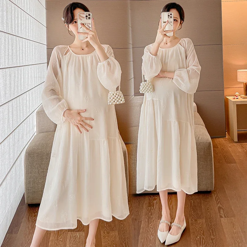 

Spring Pregnant Women's Embroidered Sparkling Dress Sweet Loose Long Sleeves Maternity Chiffon Dress Plus Size Pregnancy Clothes