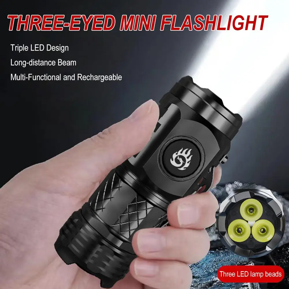 Three-eyed Mini Flashlight Super Power LED USB Rechargeable Tactical Pocket Flashlight Three Eye Long-range Lamp For Outdoor