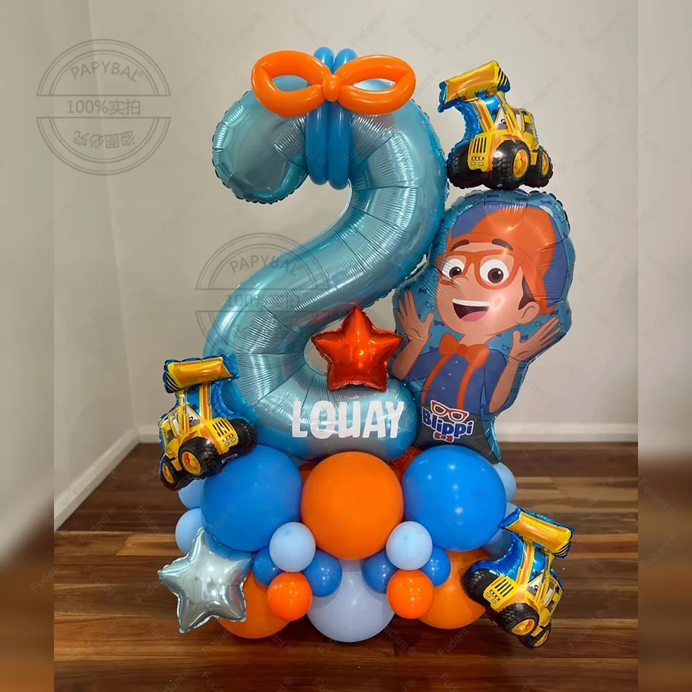 45pcs Blippi Theme Birthday Balloon Column Set Orange Blue Latex Balloons Boy Baby Shower Globos Birthday 1Year Old Party Decors