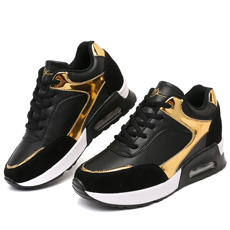 Height Increasing Women Sport Shoes Black Gold Female Walking Sneakers Comfortable Spring Outdoor Travel City Walk Shoes