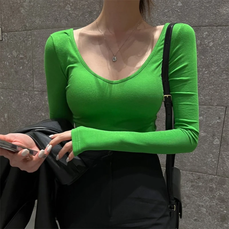 Sexy Low-Necked Crop Tops Female Basic Tees Cotton T Shirt For Women Fall Bodycon Bottoming Long Sleeve T-Shirts Camisetas Mujer