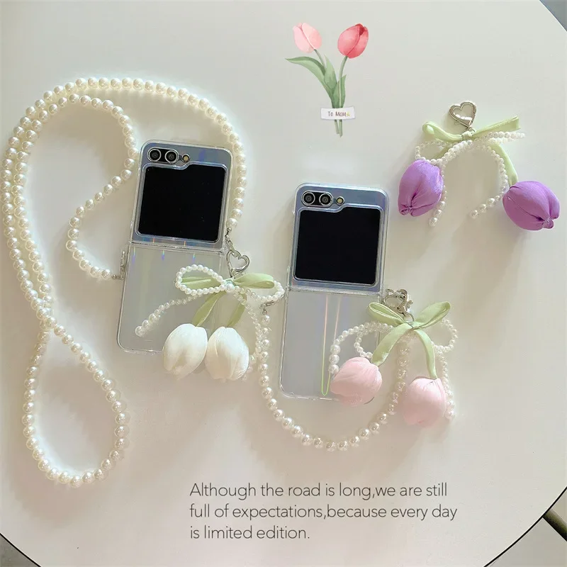 

Tulip Flower Pearl Chains Phone Case for Samsung Galaxy ZFlip3 ZFlip4 ZFlip5 ZFlip6 Hard PC Back Cover for Z Flip 6 Case Shell