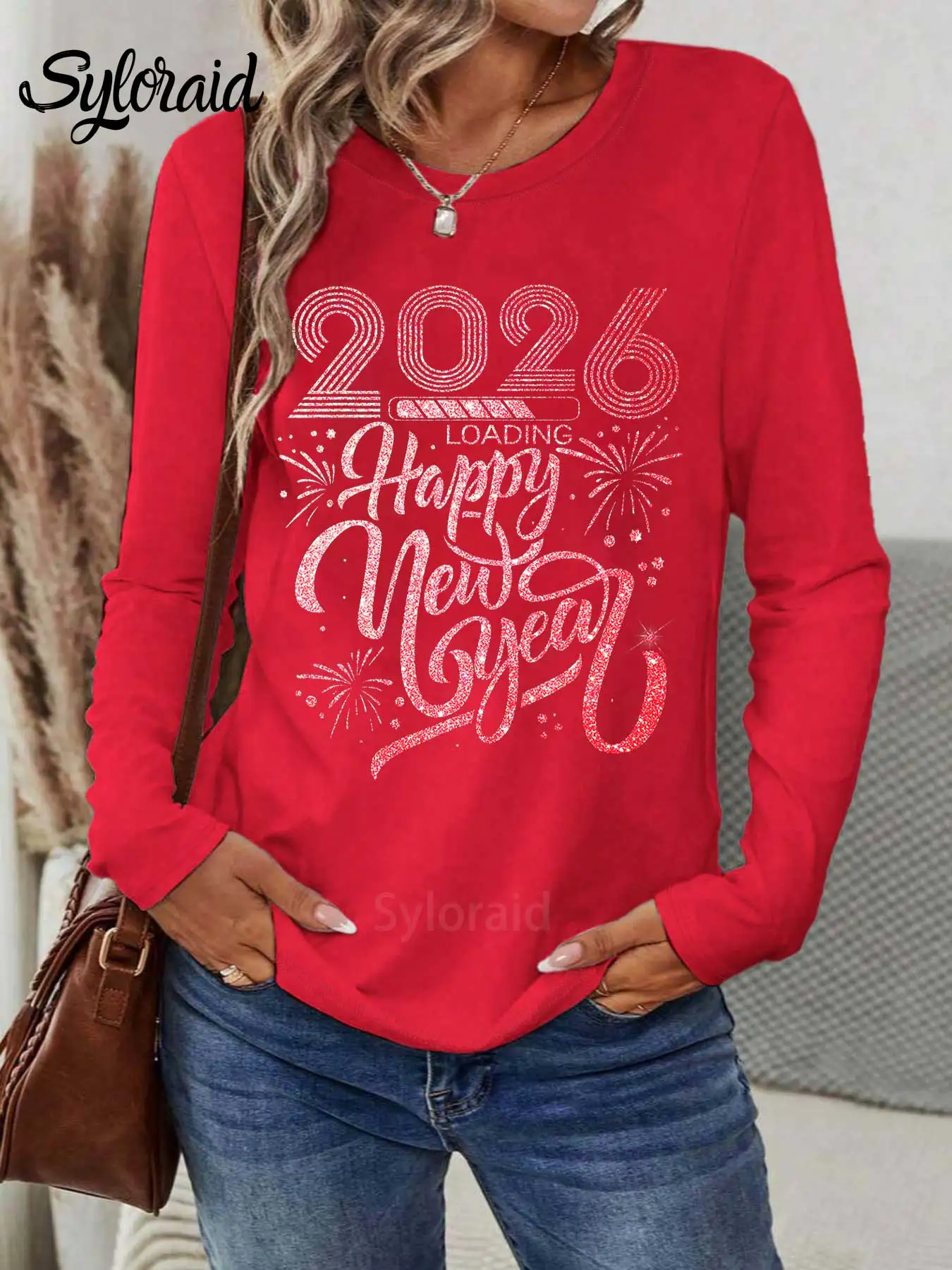 Women's Long Sleeve T Shirt Pink "Happy New Year 2026" Fireworks Print T Shirt Fashion Round Neck Casual Top