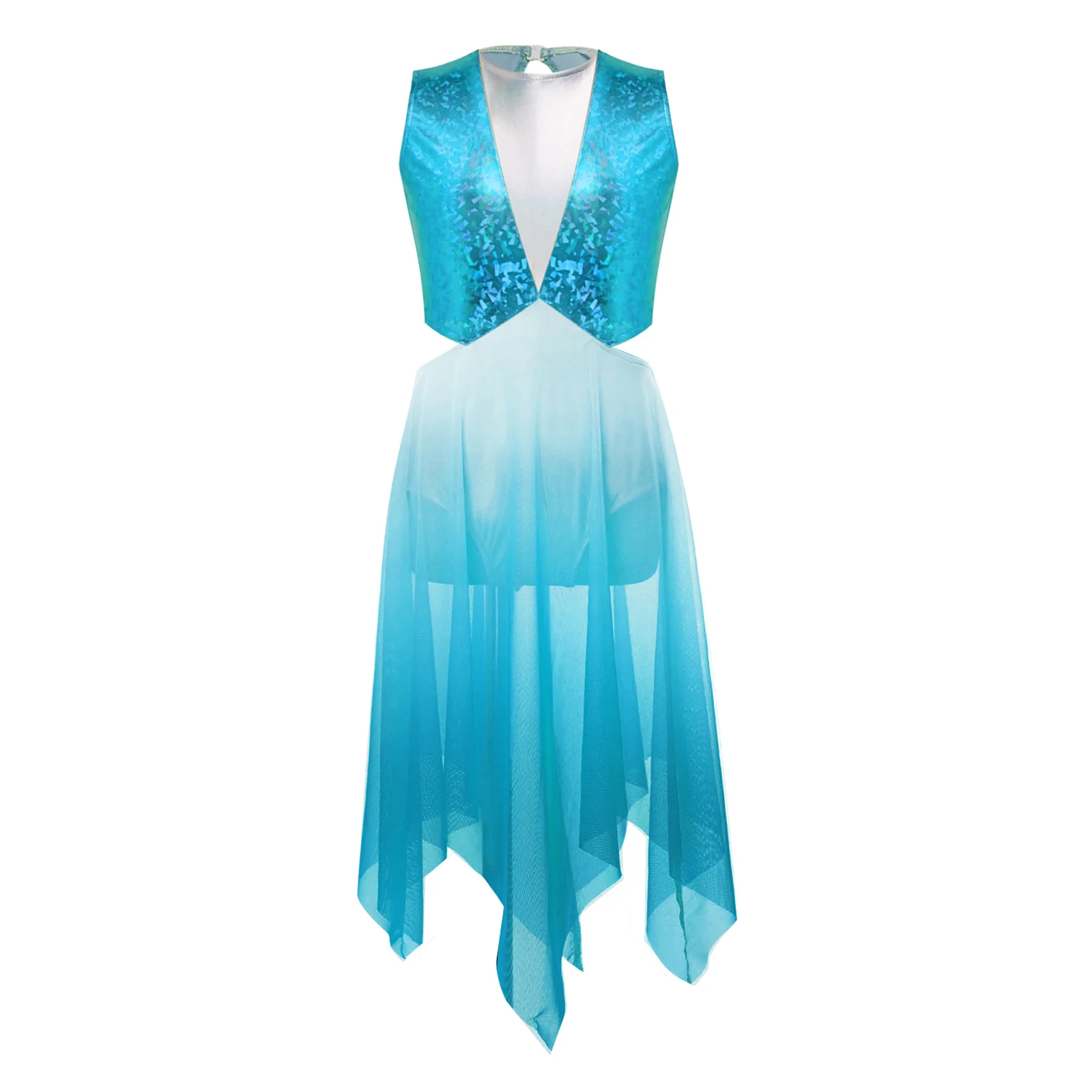 Girls Lyrical Jazz Dance Outfit Sleeveless Cutout Waist Keyhole Back Gradient Mesh Dress for Figure Skating Modern Dance Shows