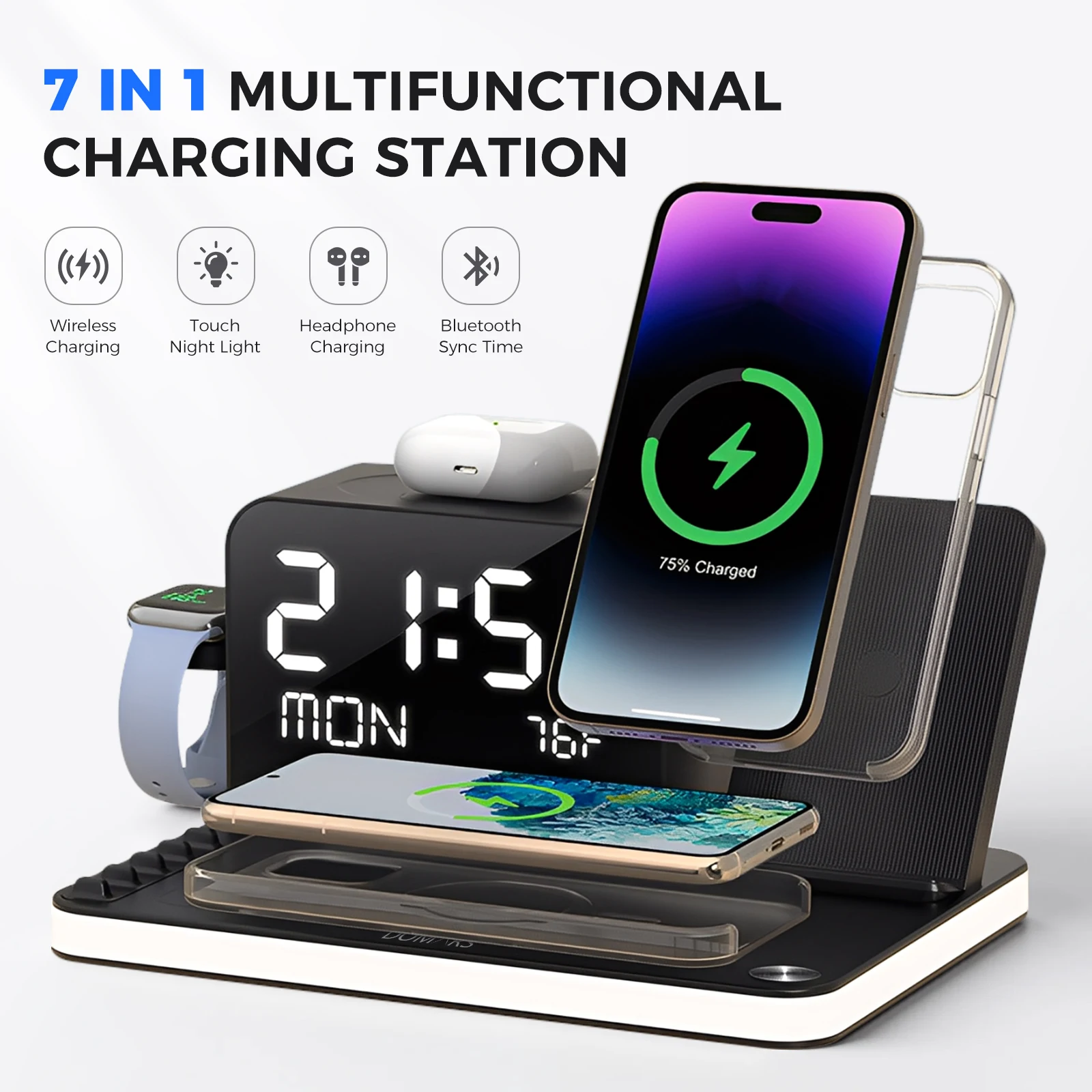 Domars 7-in-1 Wireless Charger Phone Charging Stand With Night Light Time Temperature Display For IPhone Headphones and Watches