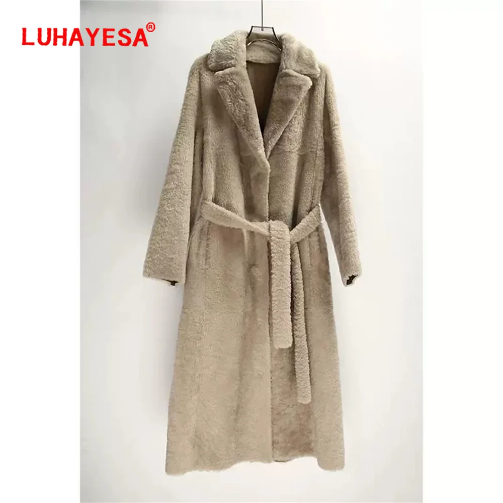 Only camel S 2024 New Extra Long Good Quality Soft Merino Sheepskin Shearling Fur 1 Year Lamb Merino Real Fur Coat