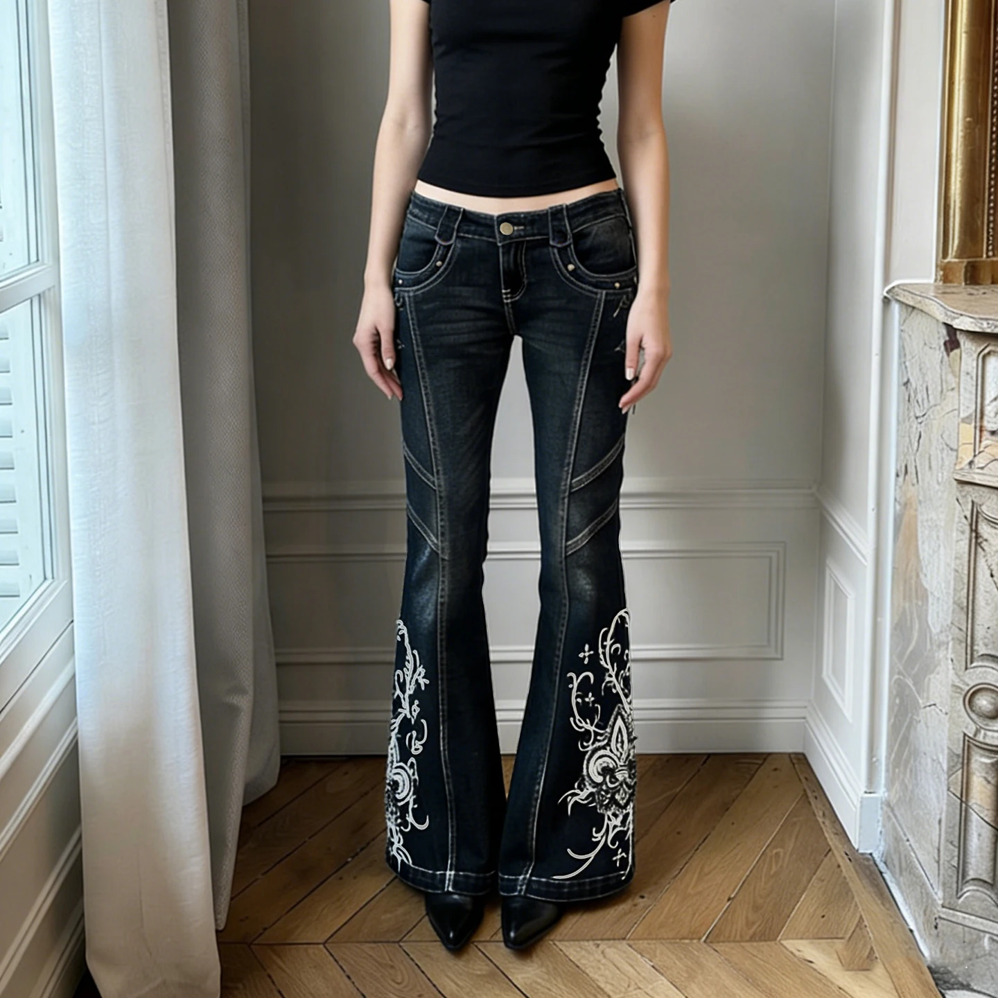 IAMSURE-Streetwear Low Waist Printed Split Flared Jeans Women Fashion Slimming Full Length Denim Trousers Button-Fly Bottoms New