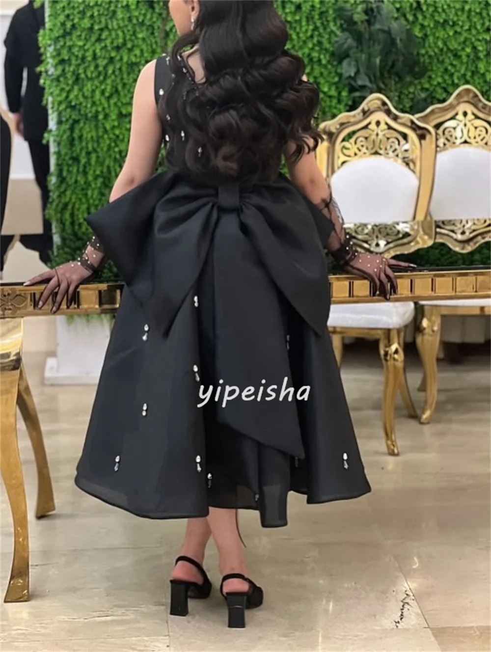 Customized Modern Style Fashion Charmeuse Rhinestone Bow A-line Square Neck Tea Length Dresses Bespoke Occasion Dresses Matching image 3