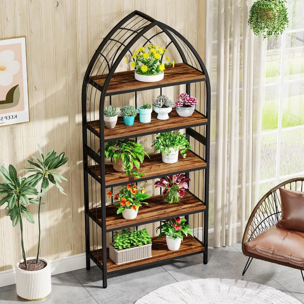 5-Tier Indoor Plant, 74.8-Inch Tall Plant Stand, Industrial Flower Potted Plant Stand Rack, Wood Plant Shelf with Metal Frame