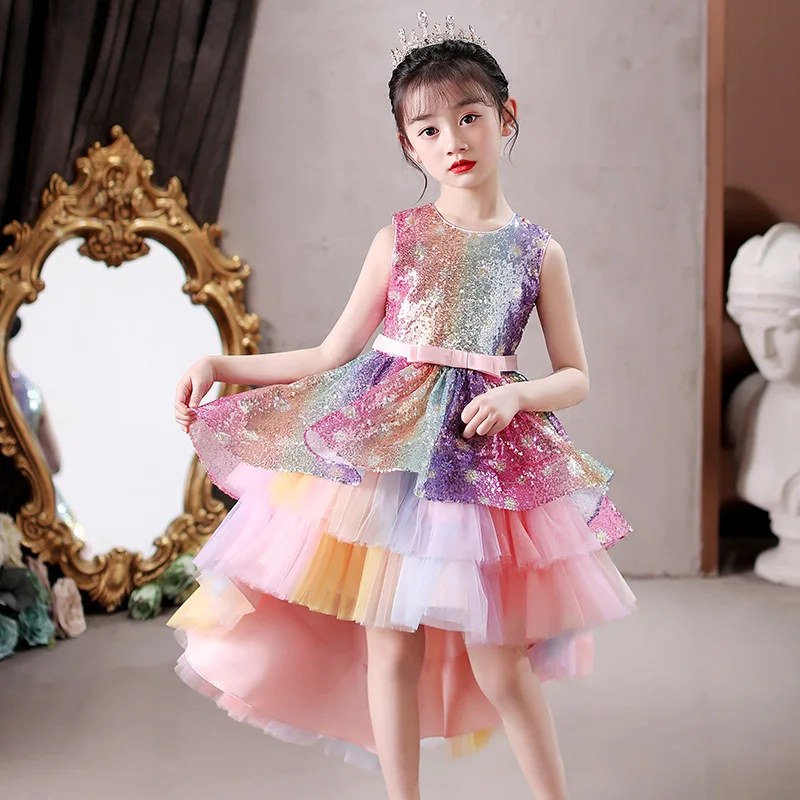 Custom Luxury Dress Wedding Guest Gown Flower Girl Gown Birthday Party Gown Pageant Show Rainbow Sequin Irregular Hem Tulle Gown