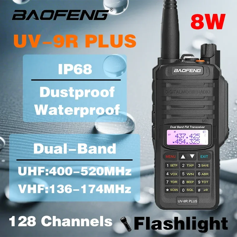 Baofeng UV-9R Plus اتجاهين لاسلكي تخاطب IP68 مقاوم للماء ثنائي النطاق 10 كجم طويلة المدى مصباح يدوي جهاز إرسال واستقبال محمول راديو الصيد