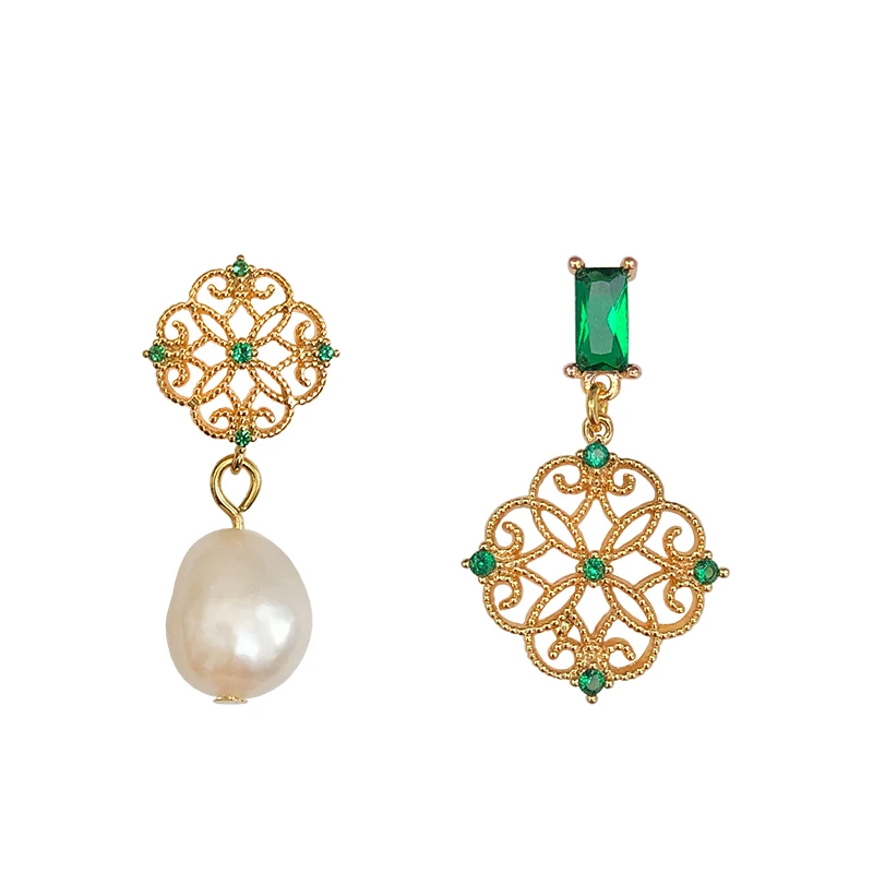 

Chinese style earrings women's summer retro green hollow earrings light luxury asymmetrical earrings