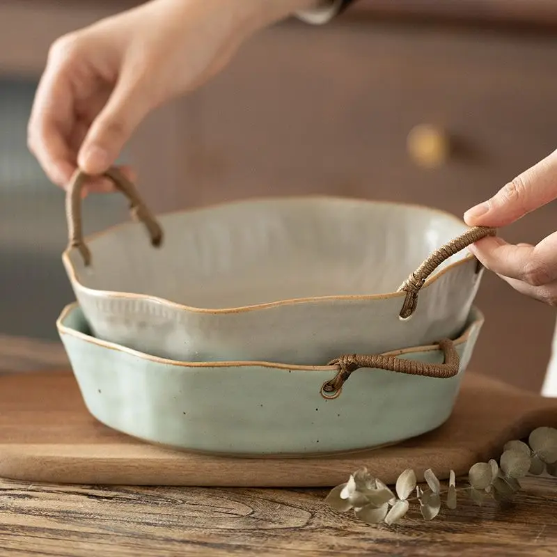 

Double Ared Hand-held Bowl Matte Coarse Clay Soup Basin Household Vegetable Plate Restaurant Woven Rope Double-eared Fruit Plate