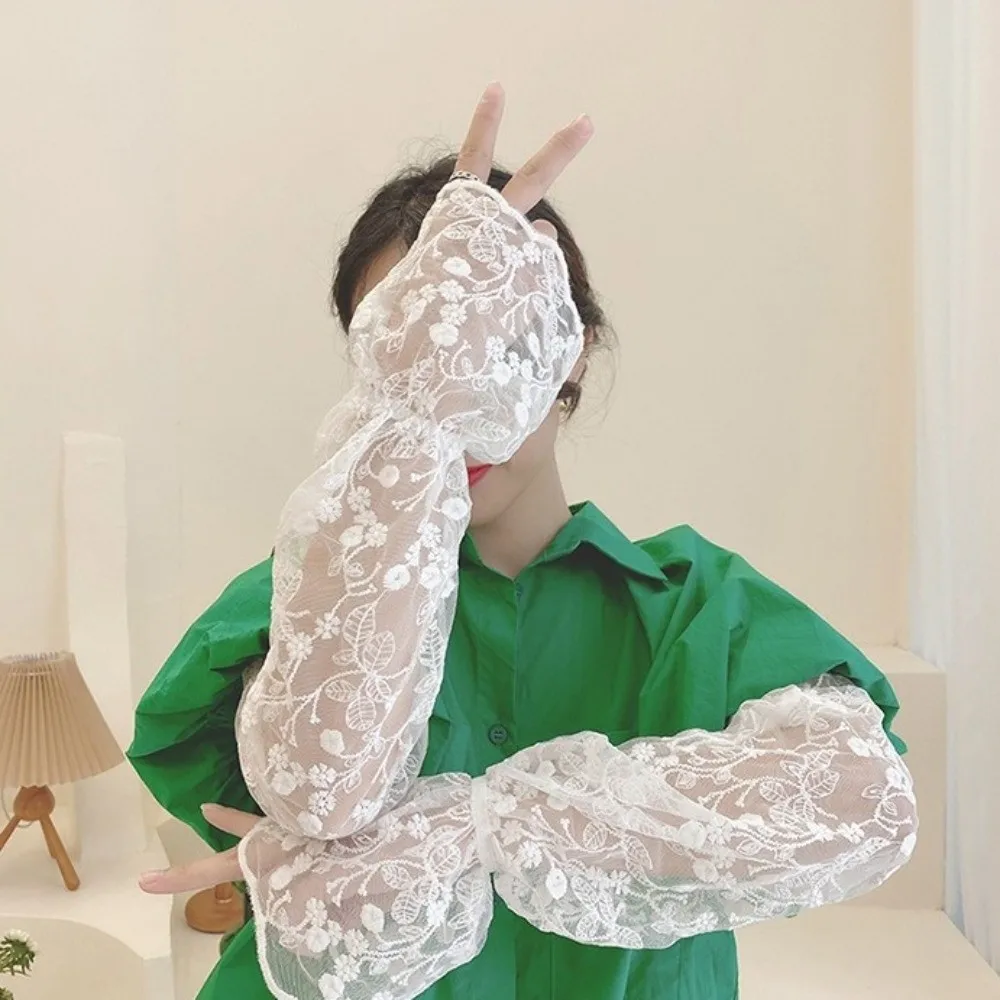 Sweet Elastic Ice Silk Sleeves Thin Hollow Sunscreen Arm Sleeve Mesh Flower Long Sleeved Arm Cover Summer