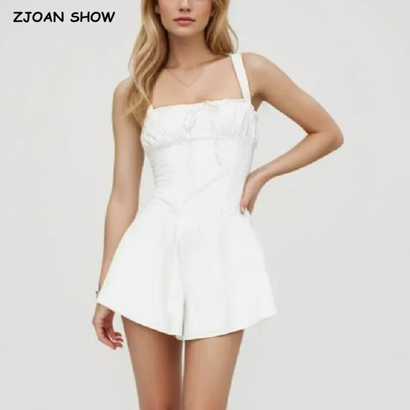 

2024 Sexy White Bow Ruched Chest Corset Style Sling Bodysuits Women Cross Lacing Up Back Skirt-shorts Jumpsuit Romper Overalls