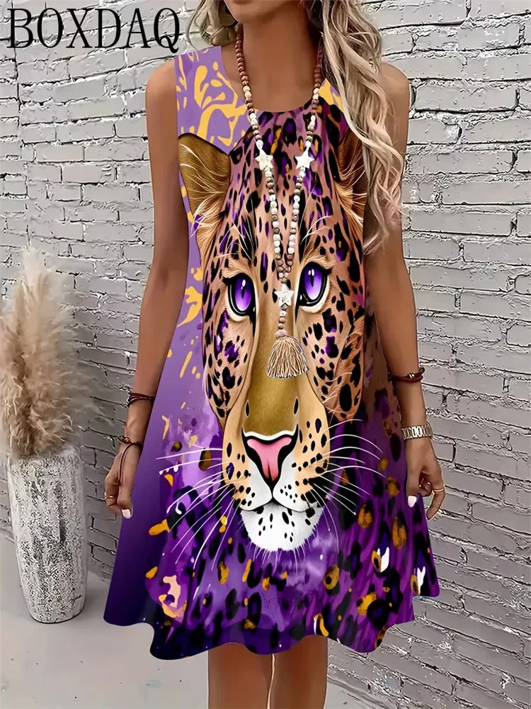 Women's new summer sleeveless round neck lion leopard tiger cat animal pattern printed loose A-line dress