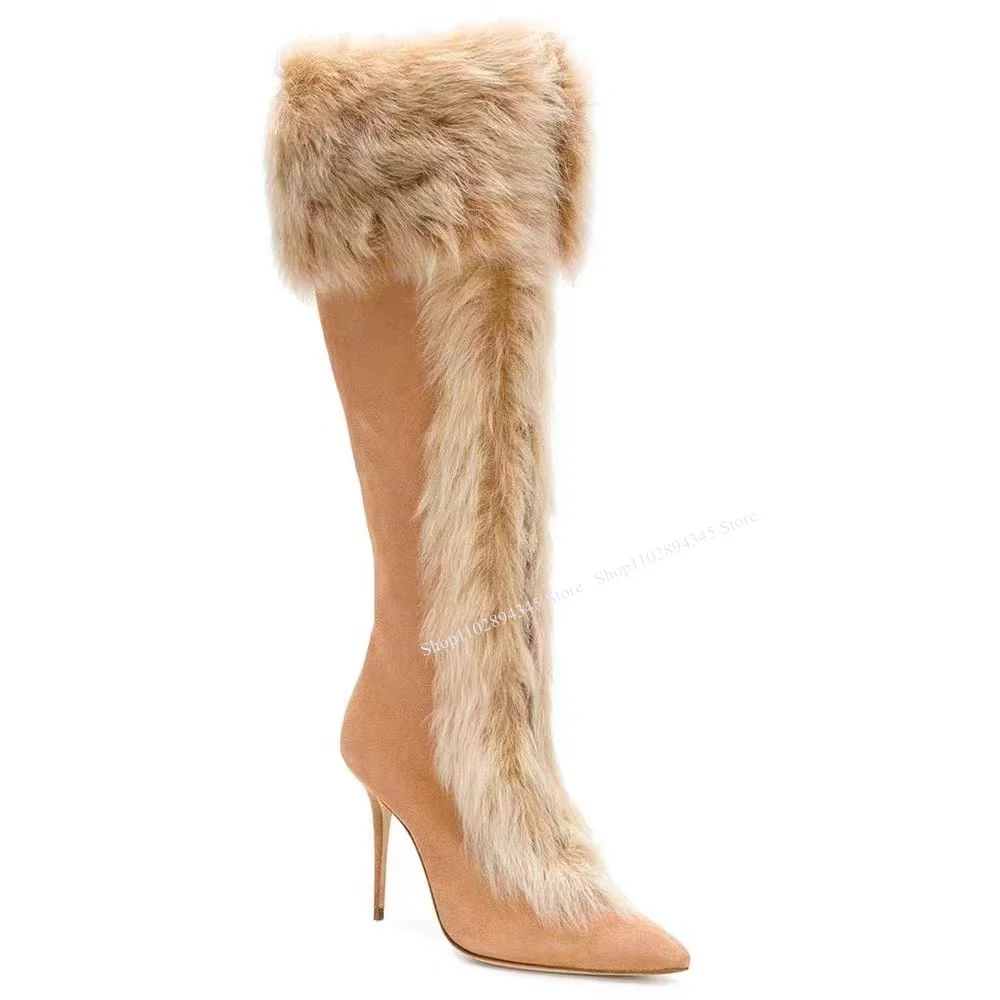 Brown Fur Decor Boots Thin High Heel Pointed Toe Knee High Fashion Sexy 2023 Summer Casual Big Size Woman Shoes Zapatillas Mujer