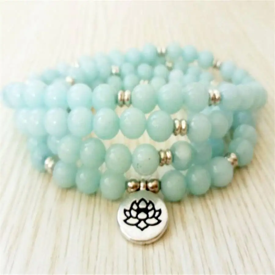 

6mm Aquamarine Gemstone 108 Beads Mala Bracelet pendant tassel Prayer Tibetan Hand Buddha Gemstone Chaplet Nirvana Zen Sacred
