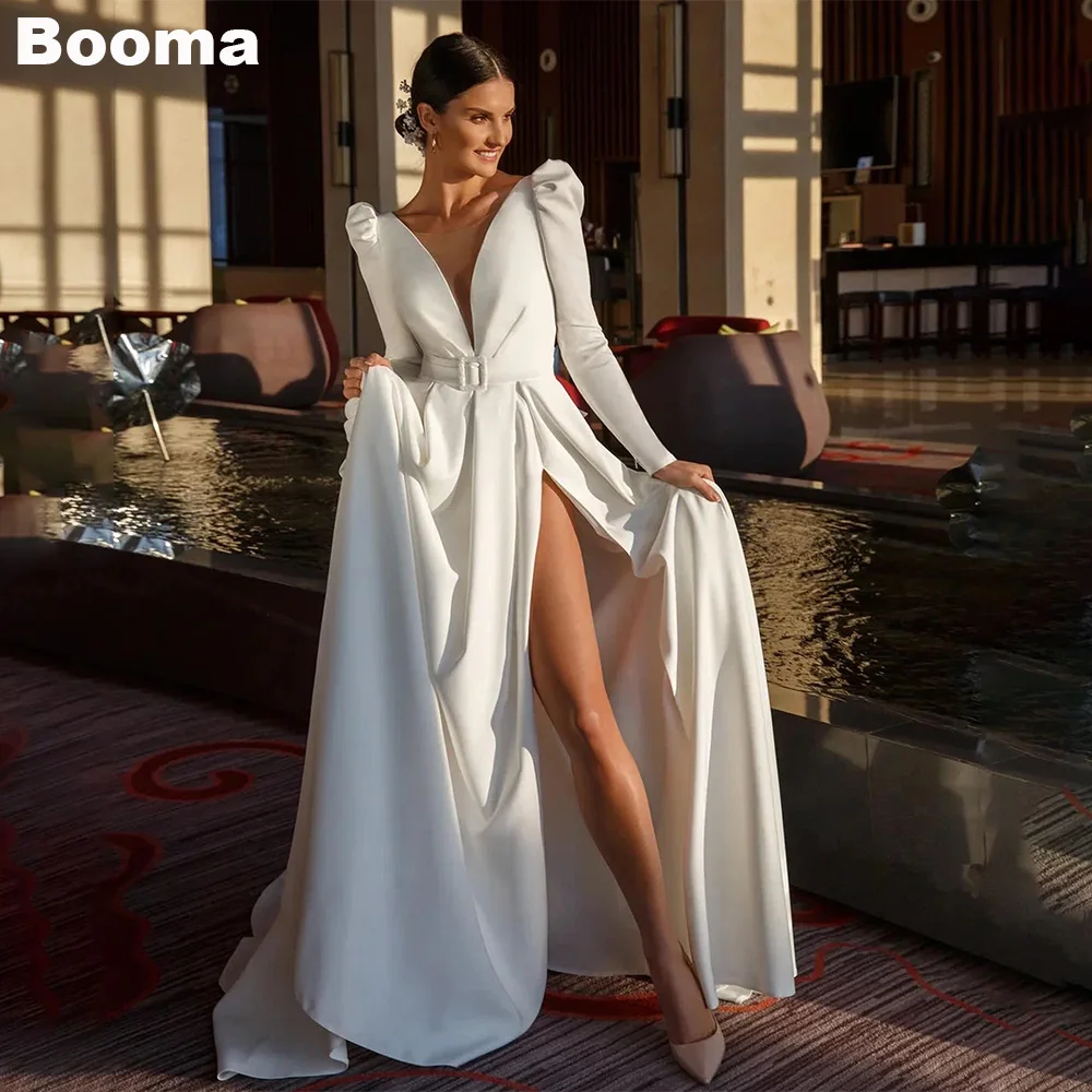 Booma Long A-Line Elegant Wedding Dresses V Neck Long Sleeves Brides Dress for Women High Leg Slit Simple Evening Gowns